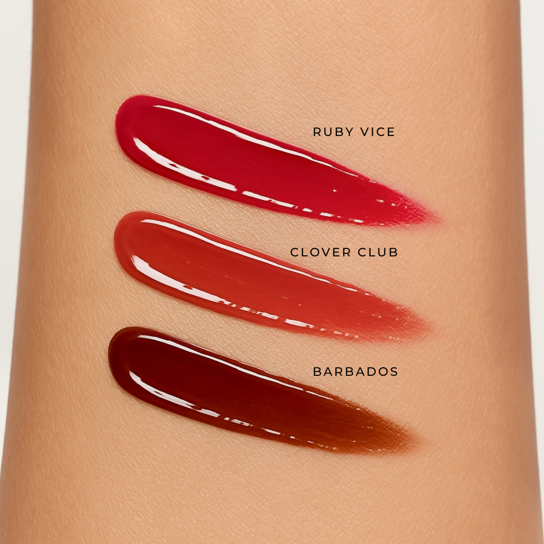 Lip Bloom Oil & Tint tinta y aceite de labios swatches: tono Ruby Vice, tono Clover Club, tono Barbados